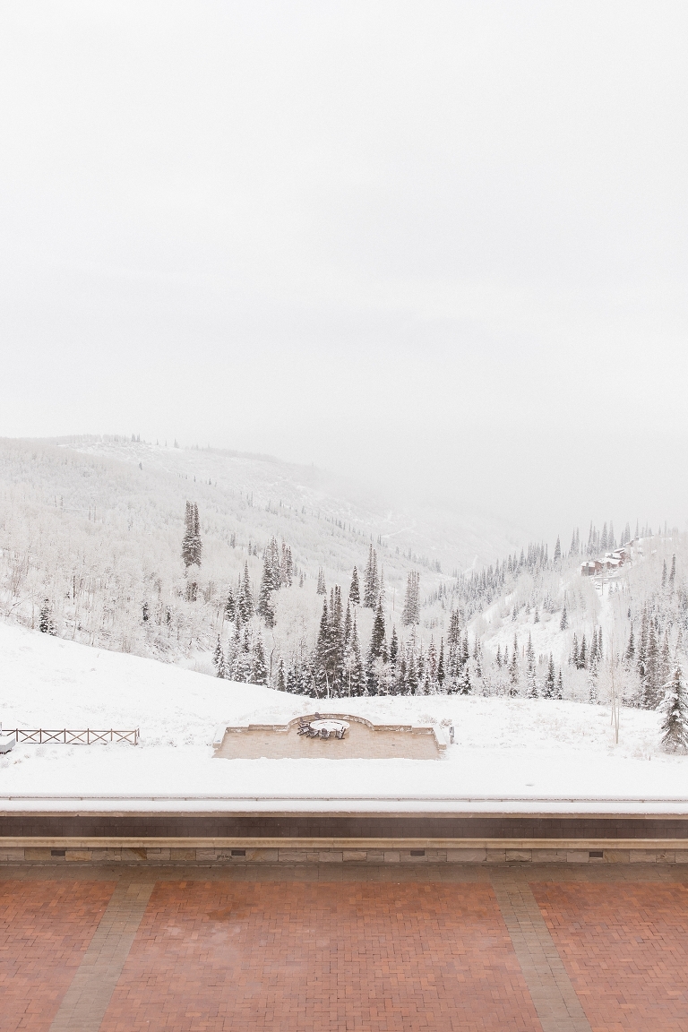 Winter view of outdoor patio at Montage Deer Valley hotel. Whitney Hunt Photography.