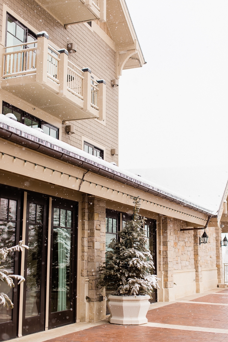 Snow covered Montage Deer Valley hotel photo. Whitney Hunt Photography.