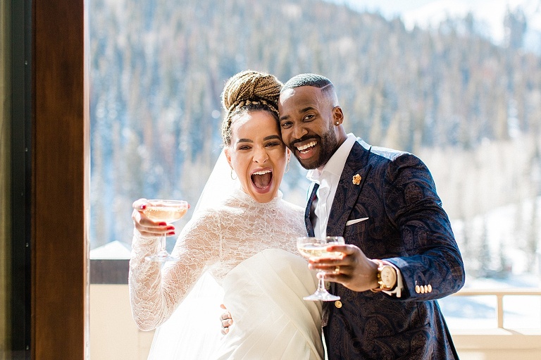Park City Utah winter wedding photo at the Montage Deer Valley | Happy couple on their wedding day | Montage Deer Valley wedding | Park City Utah Destination Wedding Photographer | Whitney Hunt Photography