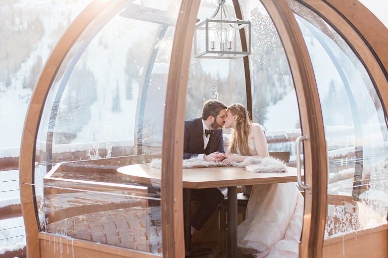Park City Utah winter wedding photo at the Stein Eriksen lodge in Deer Valley | Winter wedding photos in an alpine globe.